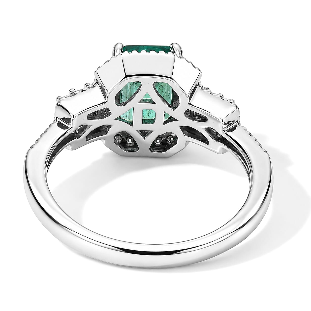 Doorbuster D'Joy Premium Kagem Zambian Emerald and Moissanite 2.00 ctw Geometric Majesty Ring in Rhodium Over Sterling Silver (Size 7.0)
