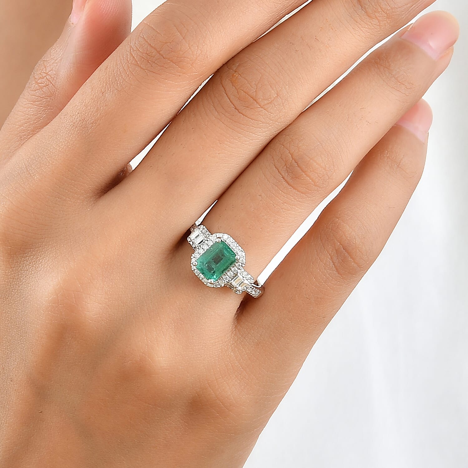 Doorbuster D'Joy Premium Kagem Zambian Emerald, Moissanite Geometric Majesty Ring in Rhodium Over Sterling Silver (Size 8.0) 2.00 ctw