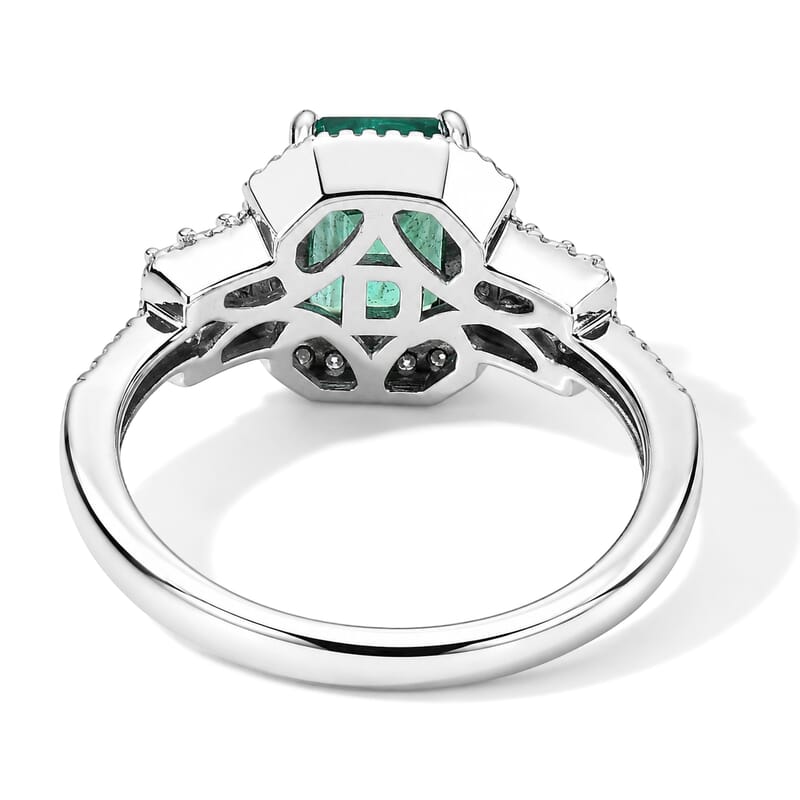 Doorbuster D'Joy Premium Kagem Zambian Emerald, Moissanite Geometric Majesty Ring in Rhodium Over Sterling Silver (Size 8.0) 2.00 ctw