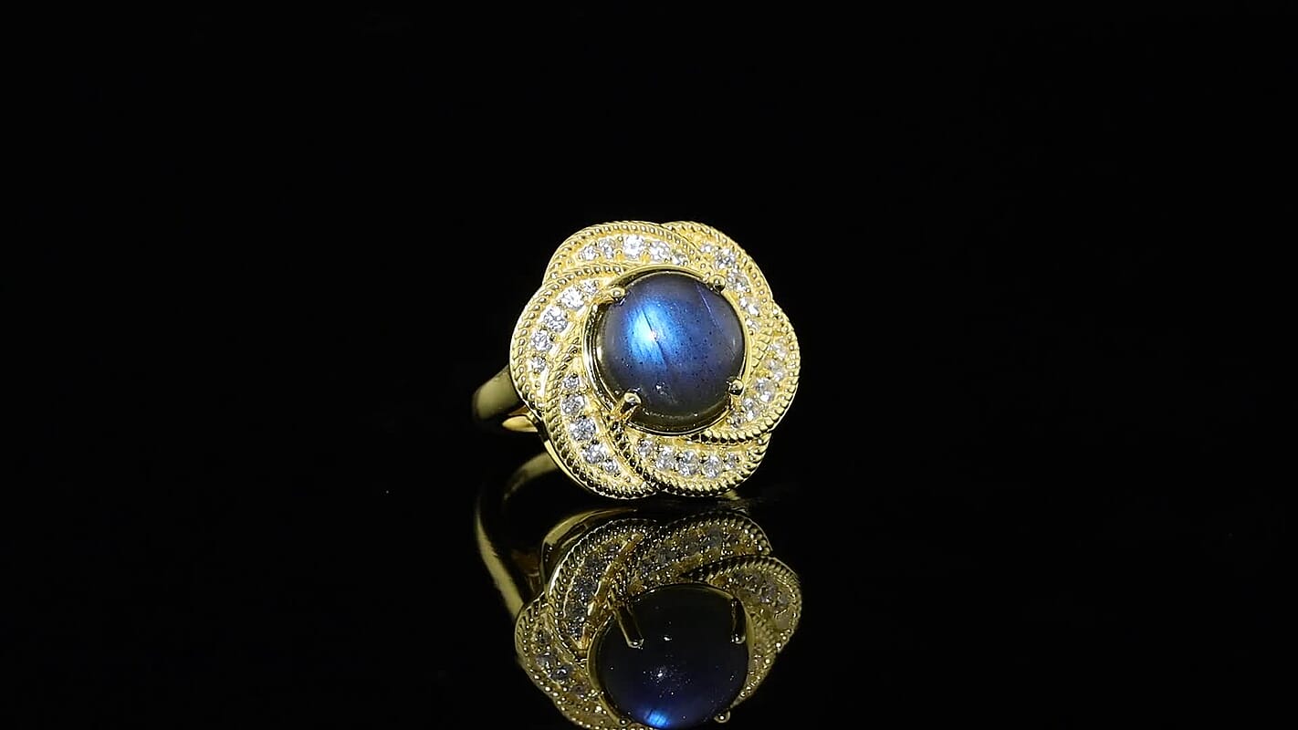 EverTrue AAA Malagasy Labradorite, White Zircon Ring in 18K YG Plated (Size 7.0) 4.60 ctw