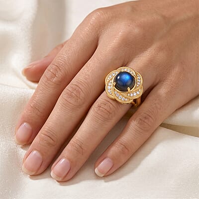 EverTrue AAA Malagasy Labradorite and White Zircon 4.60 ctw Cosmic Radiance Ring in 18K Yellow Gold Plated (Size 5.0)