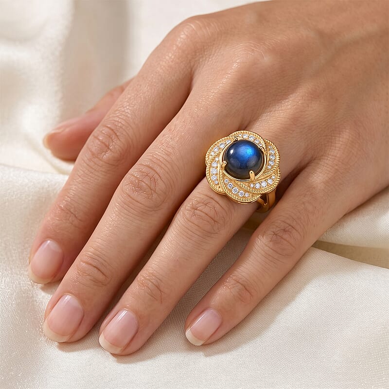 EverTrue AAA Malagasy Labradorite and White Zircon 4.60 ctw Ring in 18K YG Plated (Size 5.0)