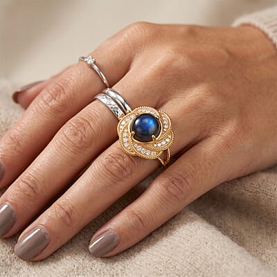 EverTrue AAA Malagasy Labradorite and White Zircon 4.60 ctw Cosmic Radiance Ring in 18K Yellow Gold Plated (Size 5.0)