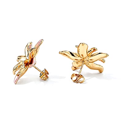 Enameled Blooming Flower Earrings in Goldtone