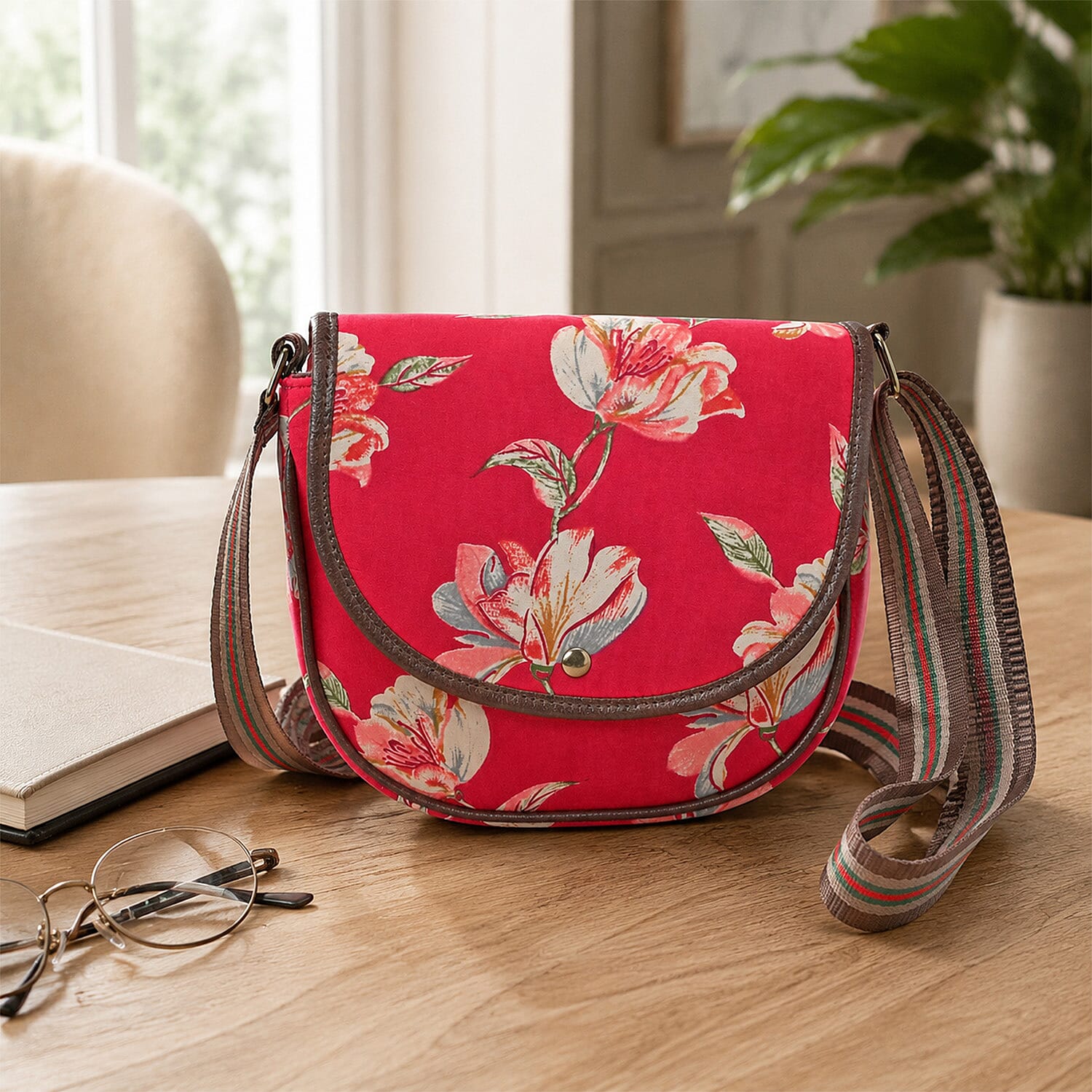 Red Floral Cotton Crossbody Sling Bag