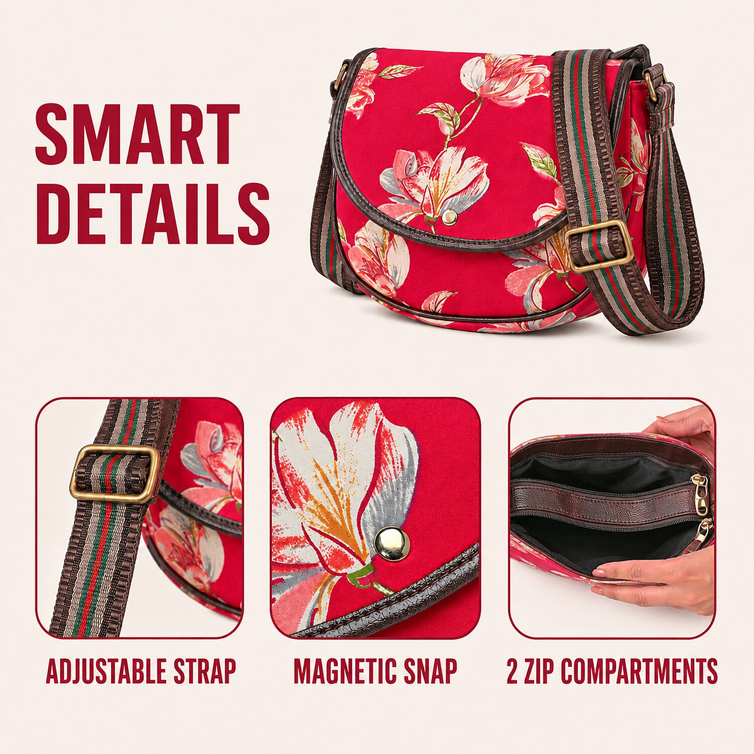 Red Floral Cotton Crossbody Sling Bag