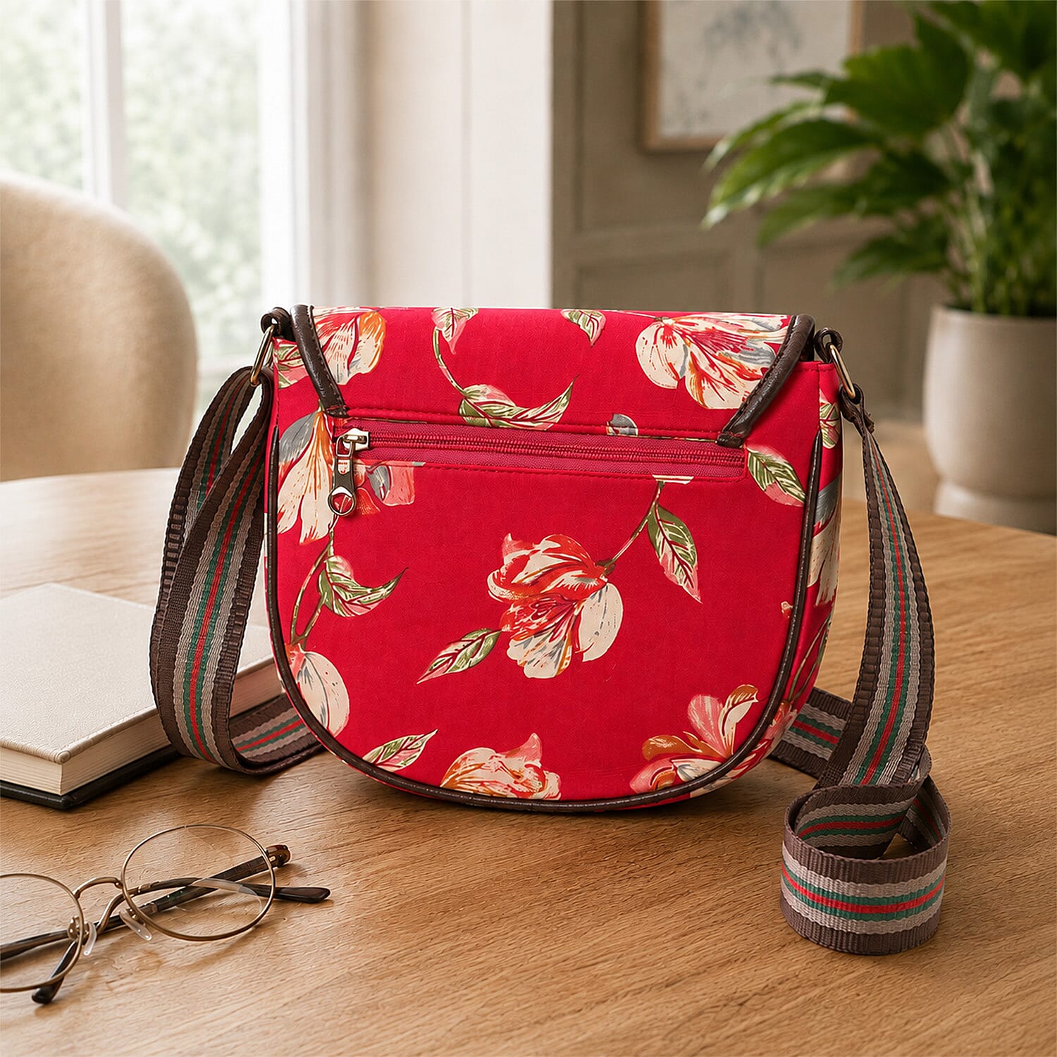 Red Floral Cotton Crossbody Sling Bag