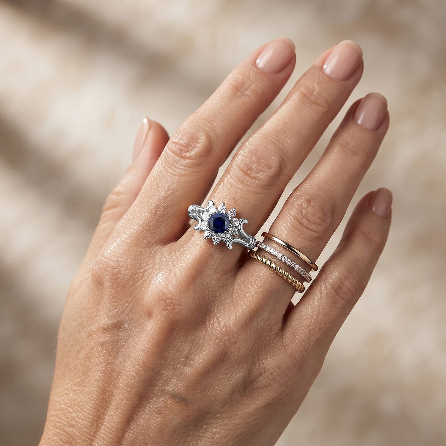 Simulated Blue Diamond and White Topaz 0.55 ctw Ring in Sterling Silver (Size 7.0)
