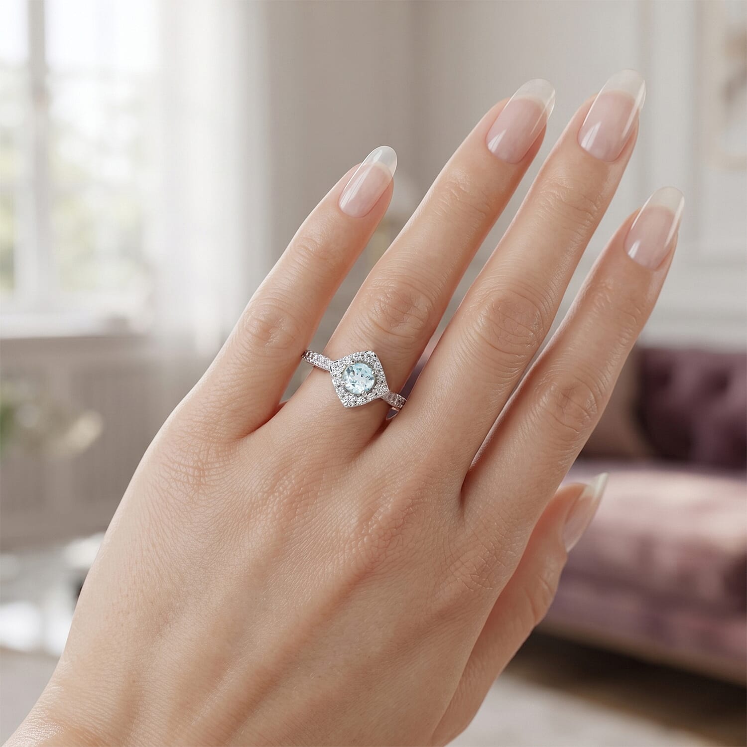 Aquamarine and Simulated Diamond 0.54 ctw Ring in Sterling Silver (Size 7.5)