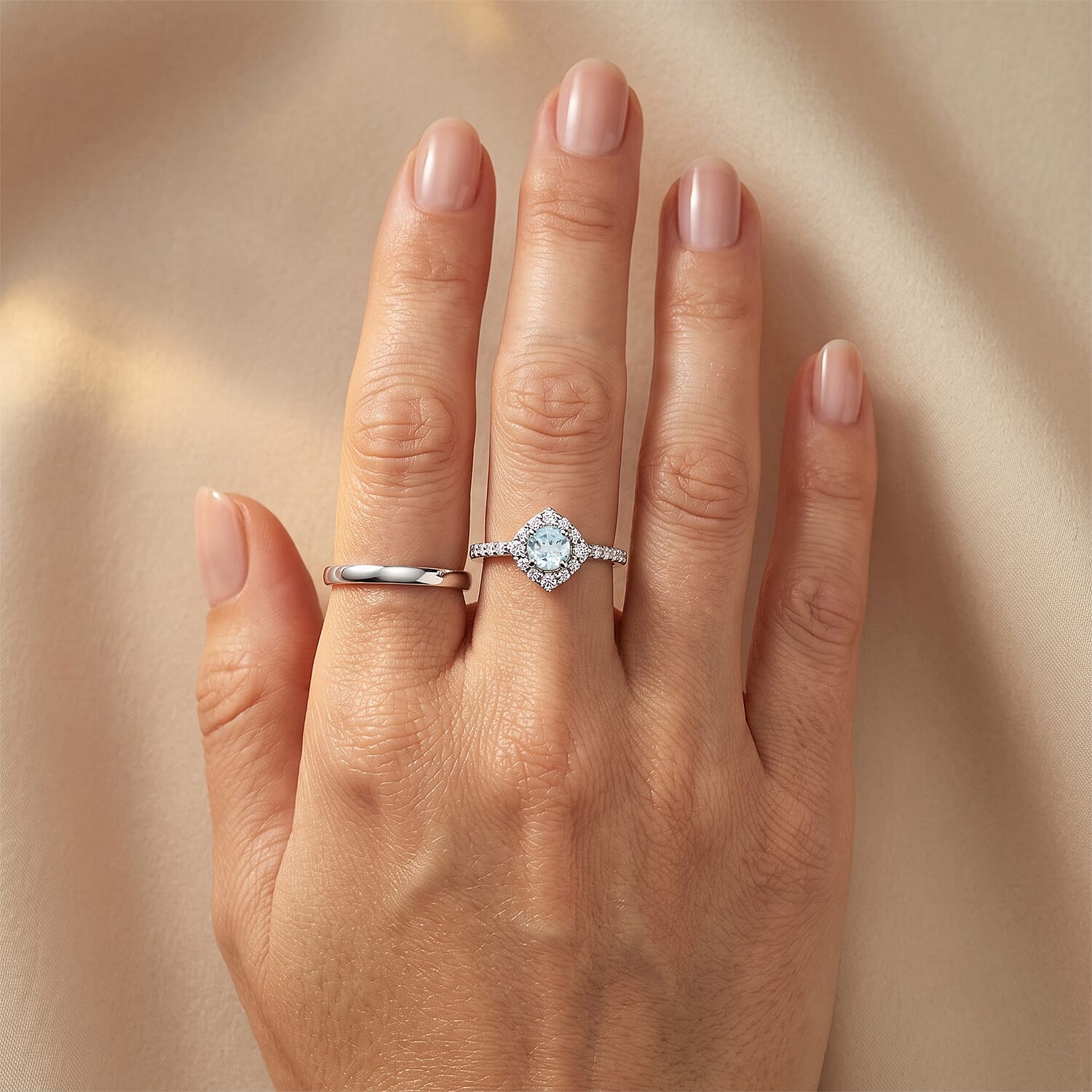 Aquamarine and Simulated Diamond 0.54 ctw Ring in Sterling Silver (Size 7.5)