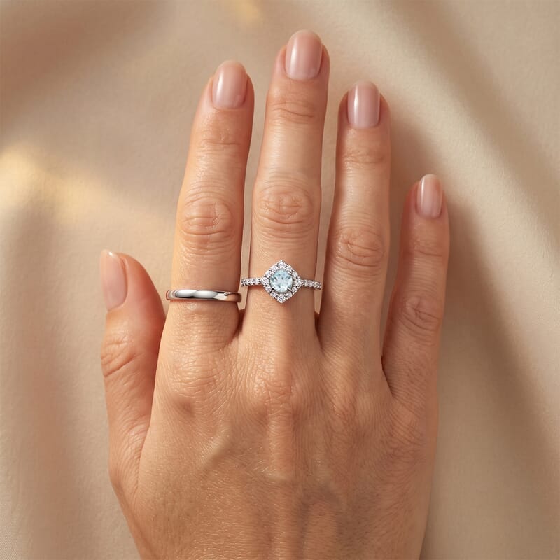 Aquamarine and Simulated Diamond 0.54 ctw Ring in Sterling Silver (Size 7.5)
