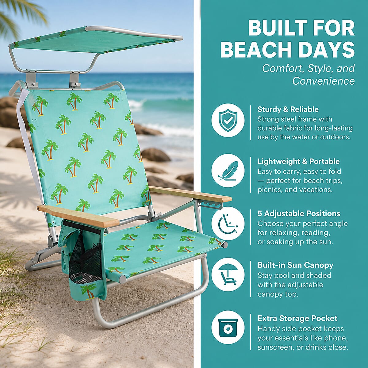 Bliss Folding Beach Chair with Canopy, Pocket, Cup Holder & Carry Straps - Palm Tree