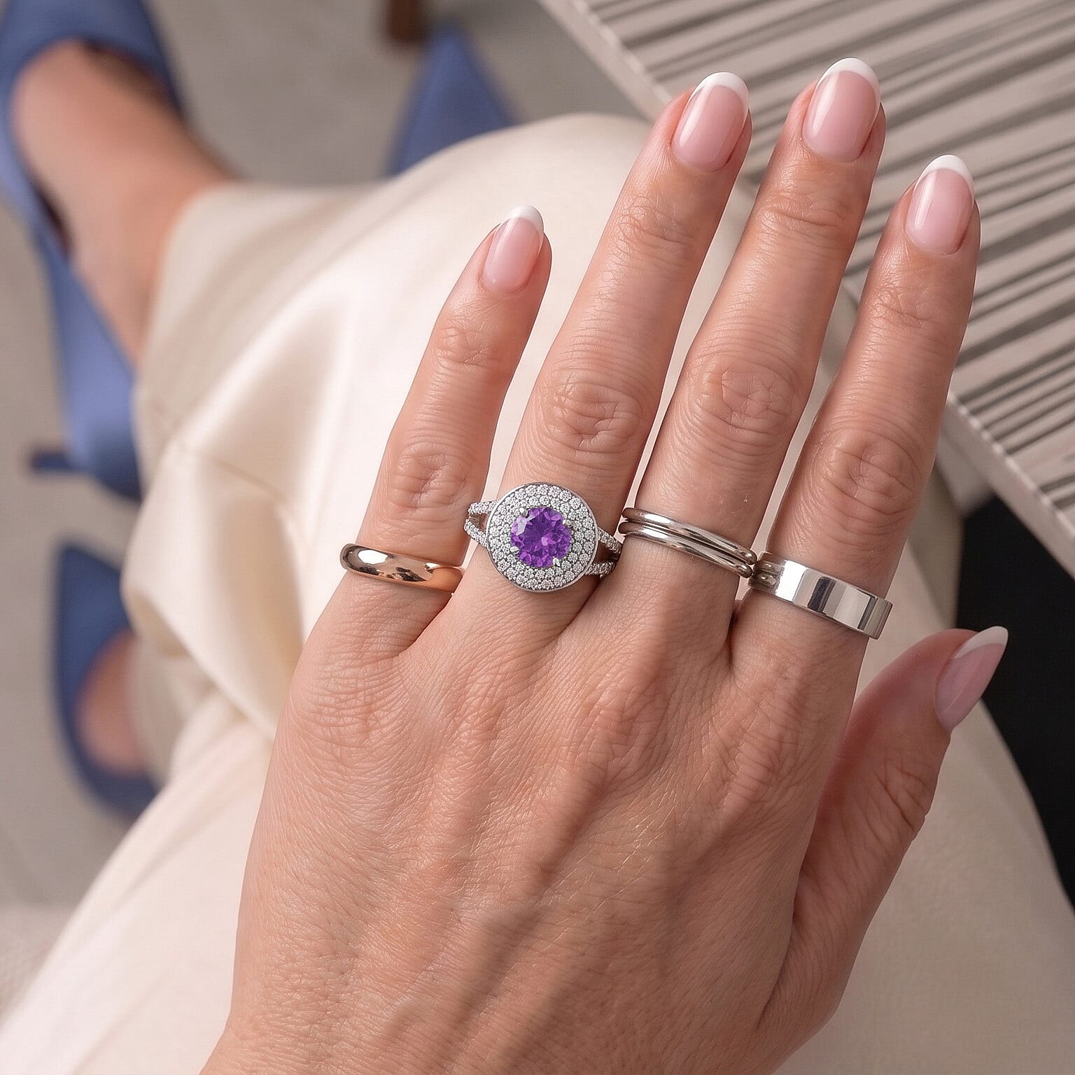 Amethyst and Simulated Diamond 1.50 ctw Ring in Sterling Silver (Size 7.0)