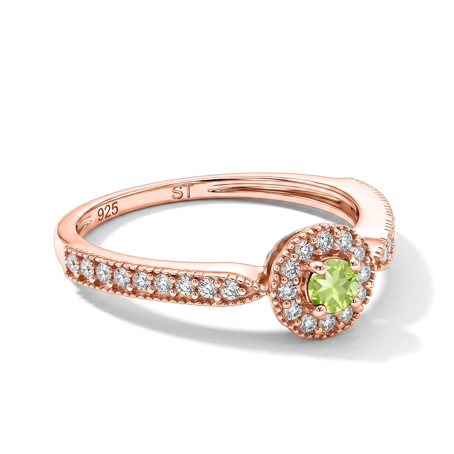 Hebei Peridot and Simulated Diamond 0.20 ctw Ring in 14K Rose Gold Over Sterling Silver (Size 5.0)