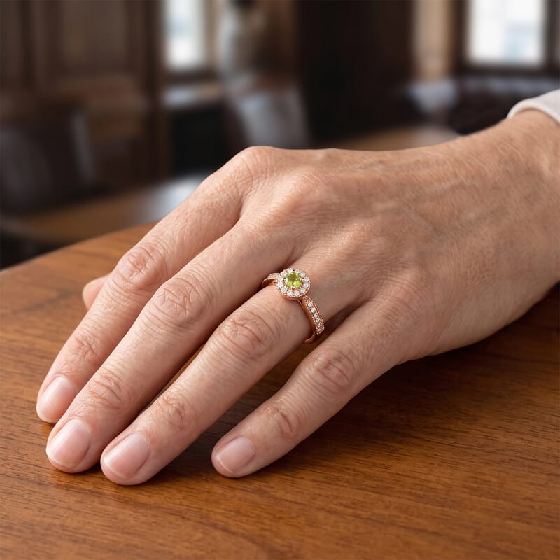 Hebei Peridot and Simulated Diamond 0.20 ctw Ring in 14K Rose Gold Over Sterling Silver (Size 5.0)