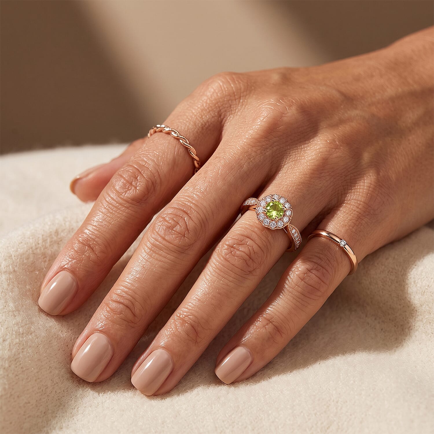 Hebei Peridot and Simulated Diamond 0.20 ctw Ring in 14K Rose Gold Over Sterling Silver (Size 5.0)