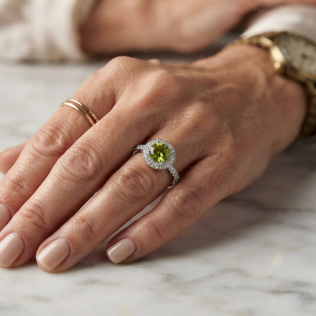Hebei Peridot and Simulated Diamond 0.87 ctw Ring in Sterling Silver (Size 6.5)