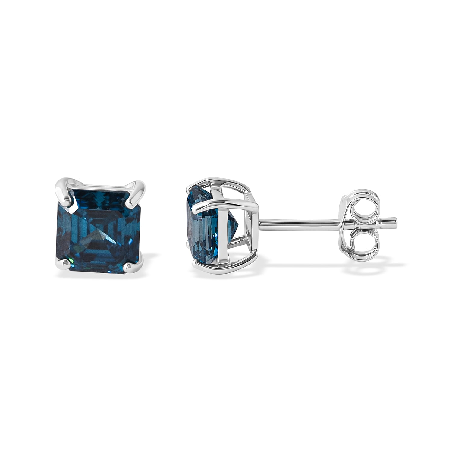 Luxuriant Asscher Cut Lab Grown Blue Diamond (VS) 2.00 ctw Imperial Blue Earrings in Rhodium Over Sterling Silver