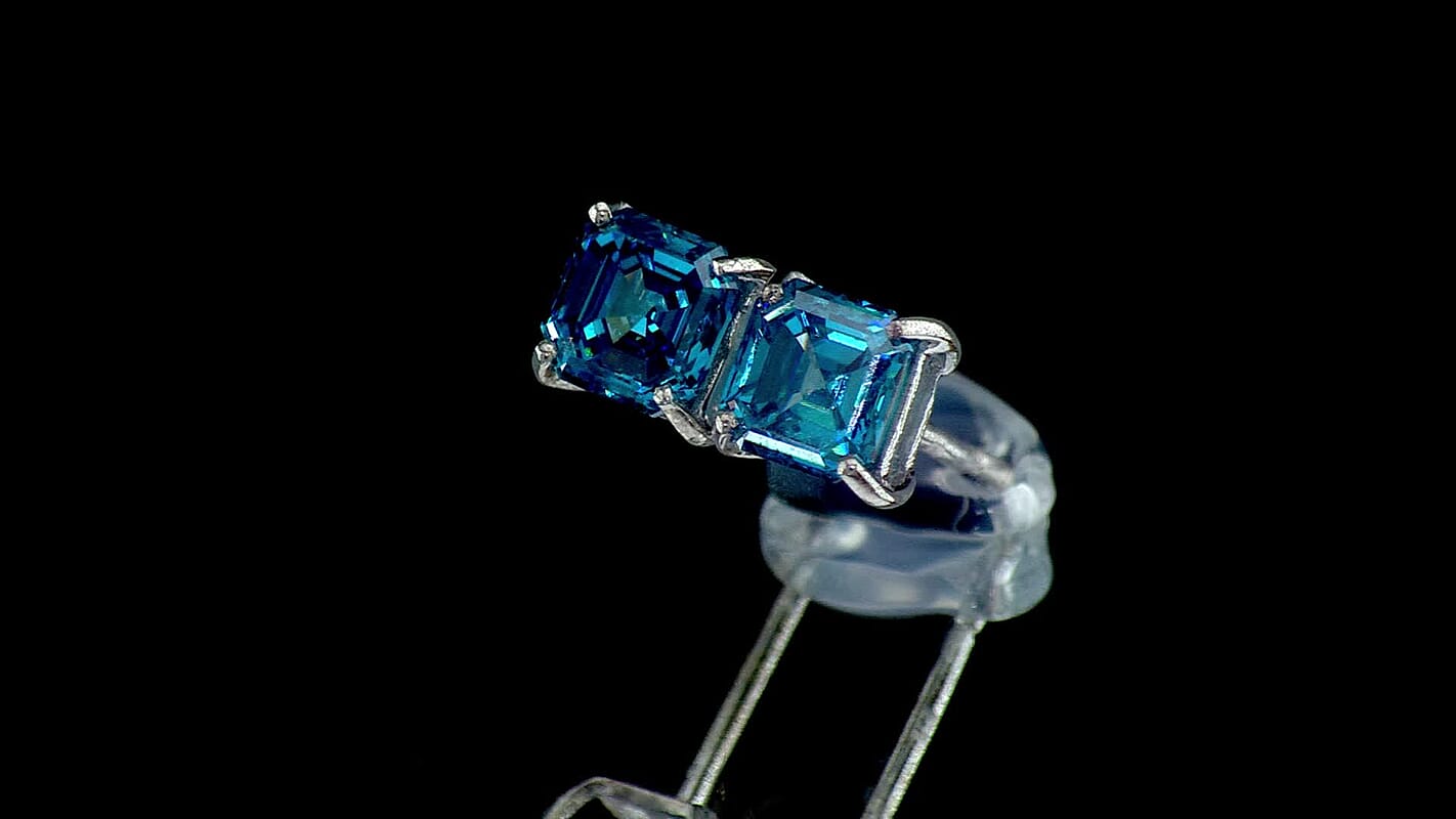 Luxuriant Asscher Cut Lab Grown Blue Diamond (VS) Imperial Blue Earrings in Rhodium Over Sterling Silver 2.00 ctw