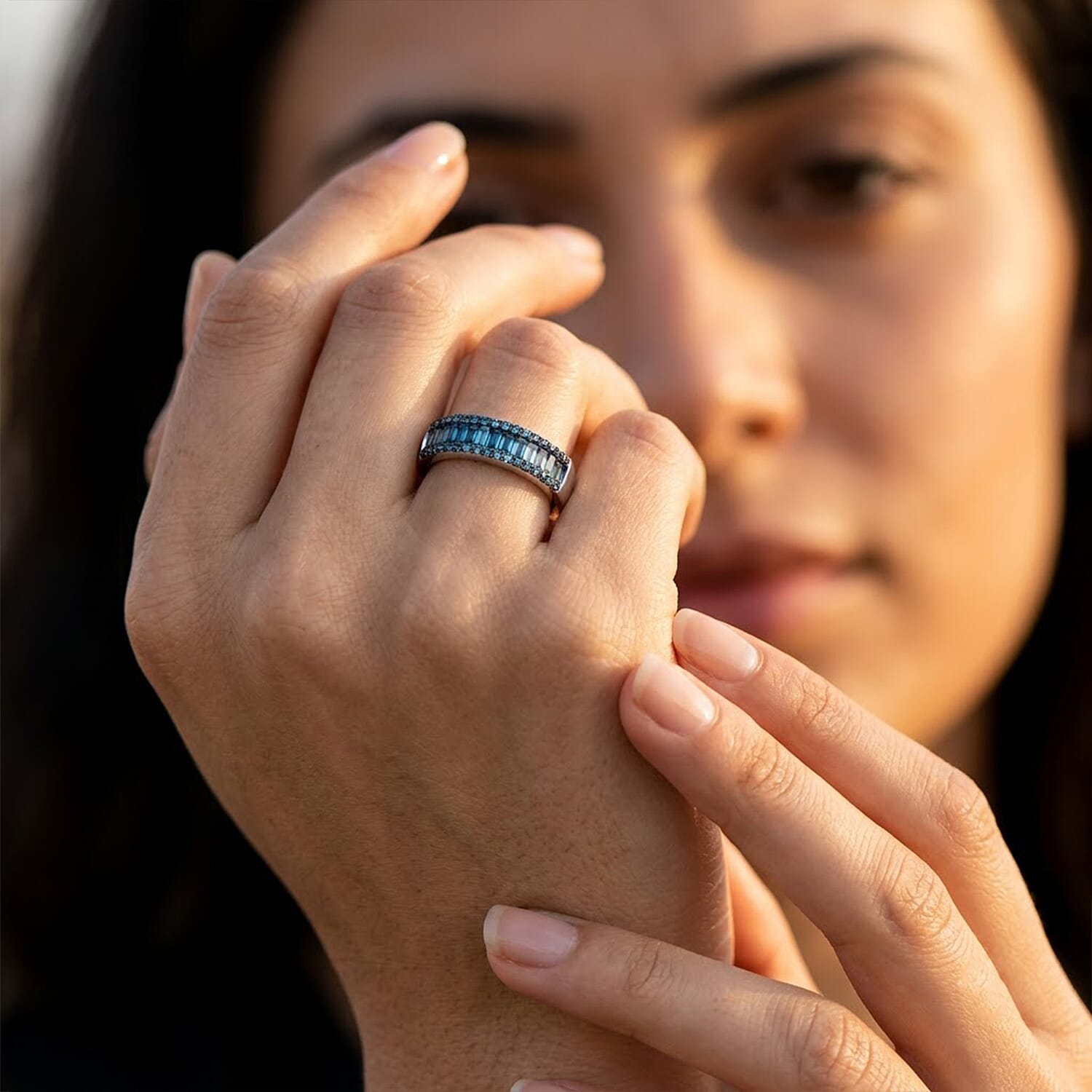 Luxuriant Lab Grown Blue Diamond (IR) (SI) Band Ring in Rhodium Over Sterling Silver (Size 10.0) 0.50 ctw