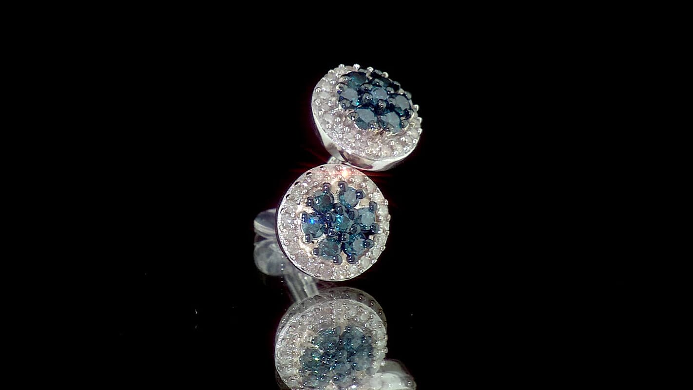 D''Joy Blue Diamond (IR), Diamond Cluster Earrings in Rhodium Over Sterling Silver 0.50 ctw