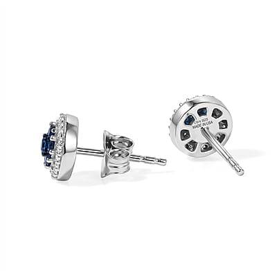 D'Joy Blue and White Diamond Cluster Earrings in Rhodium Over Sterling Silver