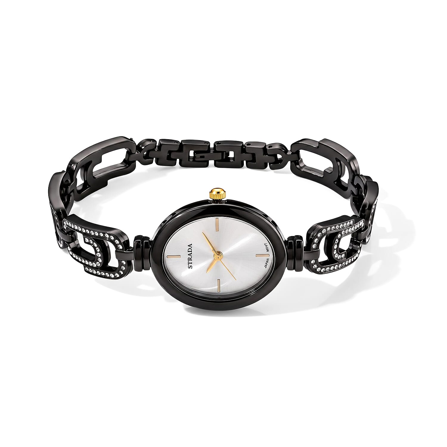 Strada Austrian Crystal Japanese Movement Paperclip Bracelet Watch in Black Silvertone (7.5-8.5In)