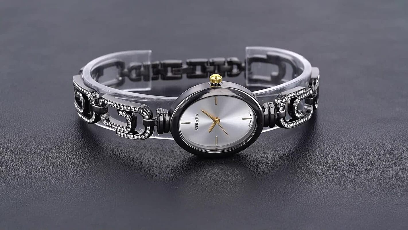 Strada Austrian Crystal Japanese Movement Paperclip Bracelet Watch in Black Silvertone (7.5-8.5In)