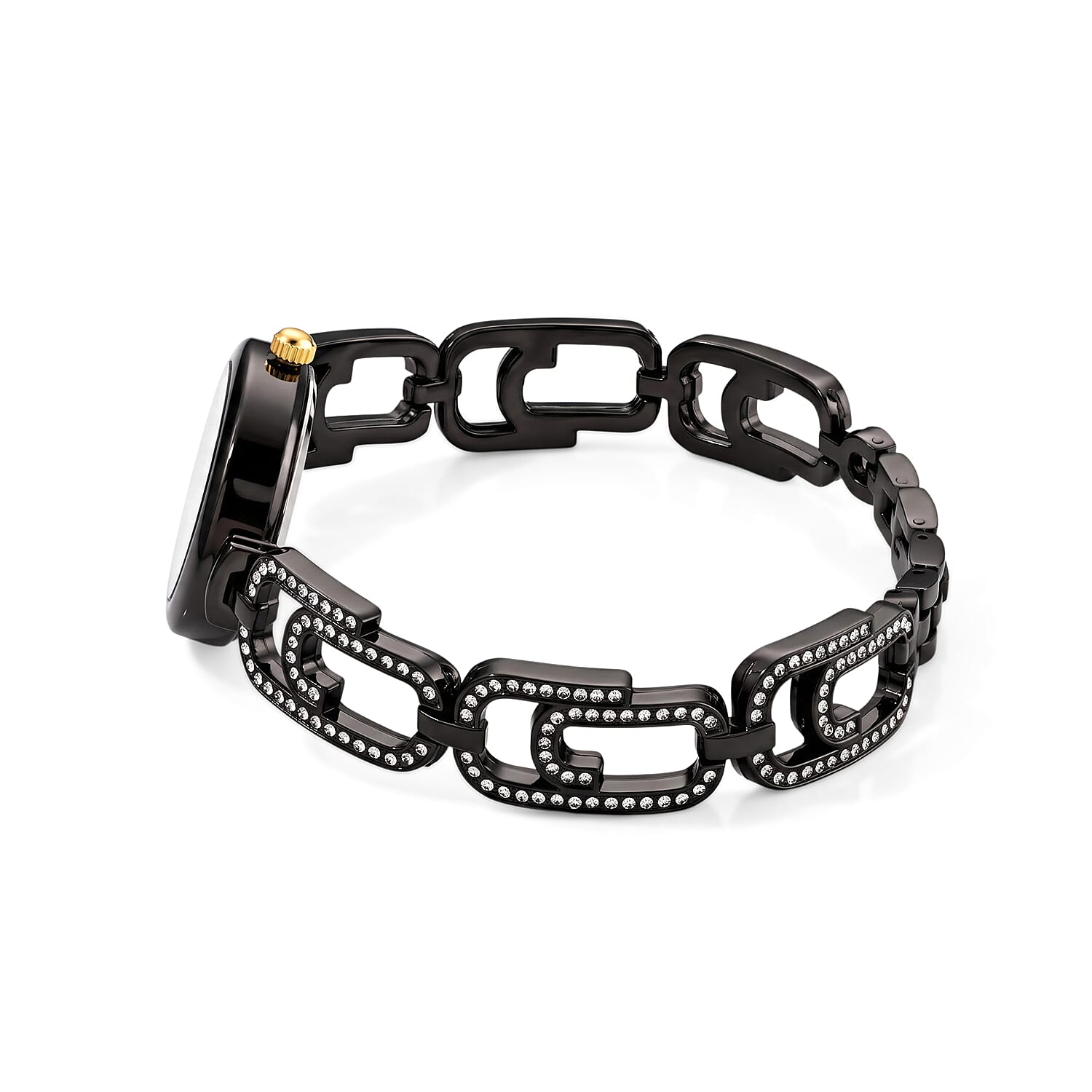 Strada Austrian Crystal Japanese Movement Paperclip Bracelet Watch in Black Silvertone (7.5-8.5In)