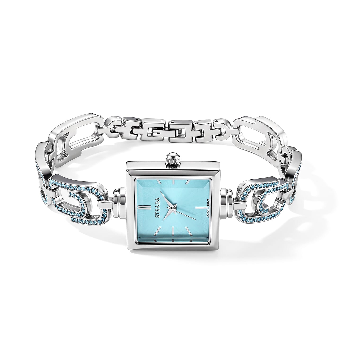 Strada Blue Austrian Crystal Japanese Movement Paperclip Bracelet Watch in Silvertone (7.5-8.5In)