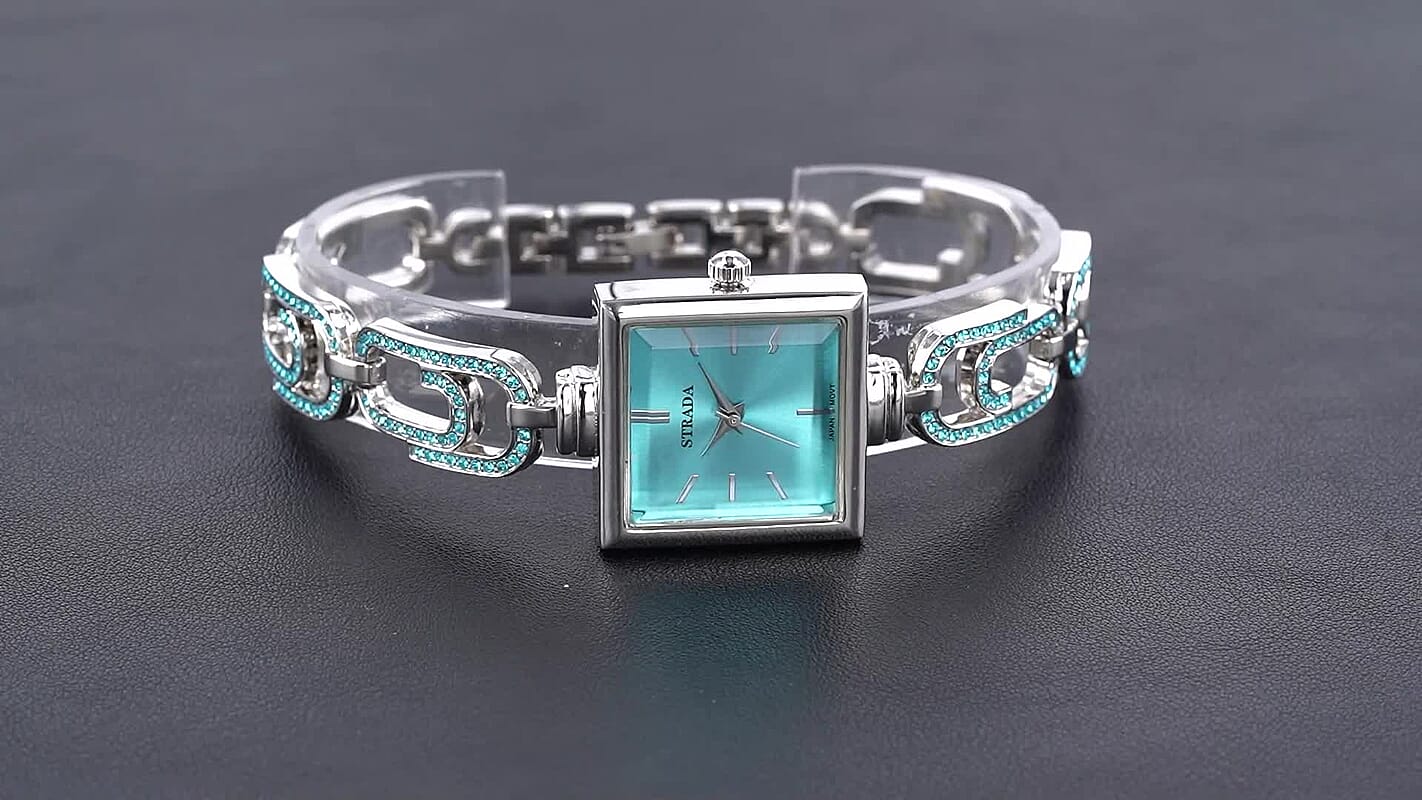Strada Blue Austrian Crystal Japanese Movement Paperclip Bracelet Watch in Silvertone (7.5-8.5In)