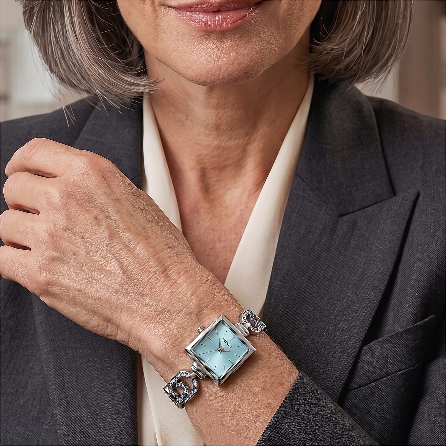 Strada Blue Austrian Crystal Japanese Movement Paperclip Bracelet Watch in Silvertone (7.5-8.5In)