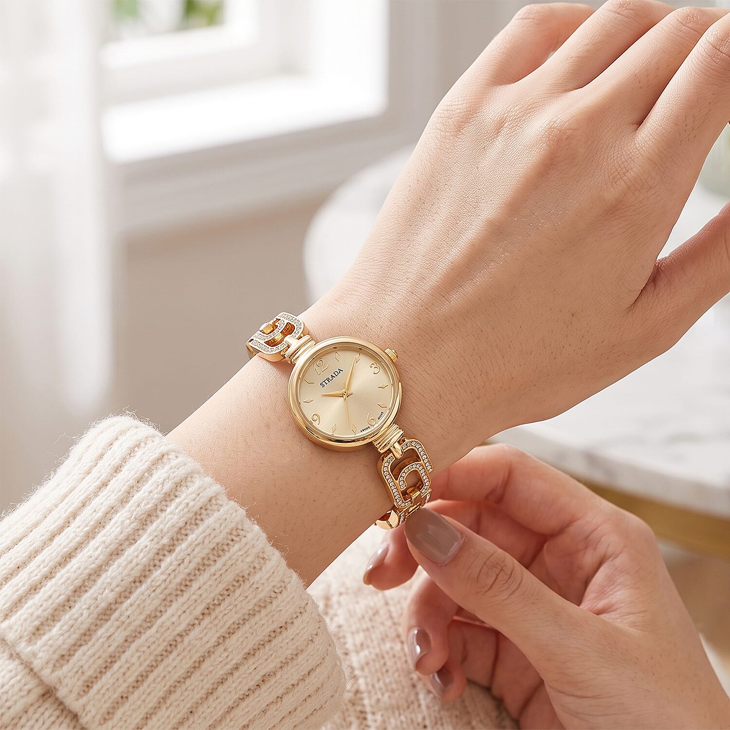 Strada Yellow Austrian Crystal Japanese Movement Paperclip Bracelet Watch in Goldtone (7.5-8.5In)