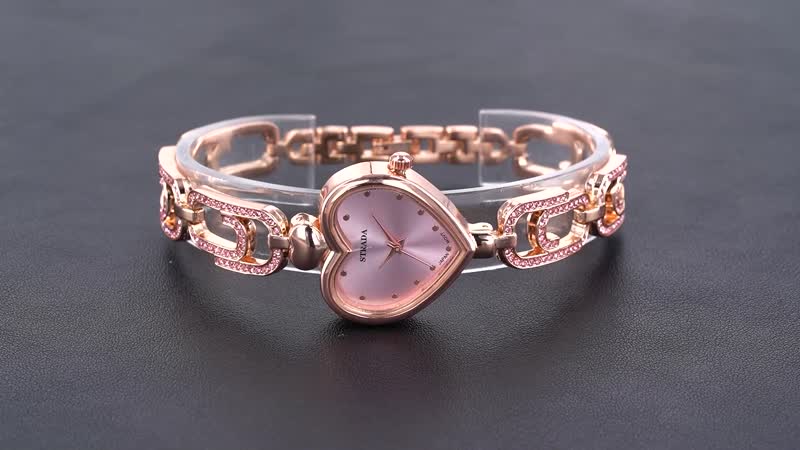 Strada Pink Austrian Crystal Japanese Movement Paperclip Bracelet Watch in Rosetone (7.5-8.5In)