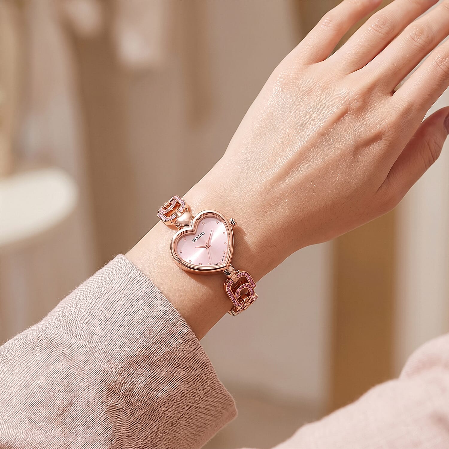 Strada Pink Austrian Crystal Japanese Movement Paperclip Bracelet Watch in Rosetone (7.5-8.5In)