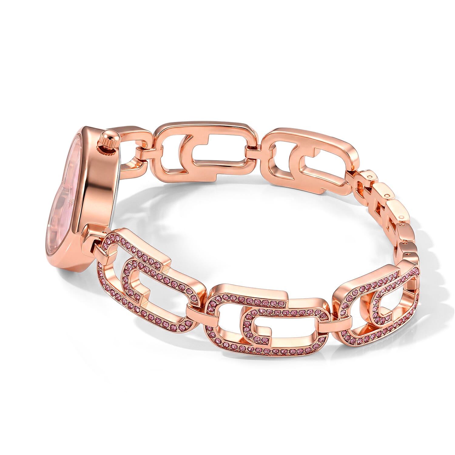 Strada Pink Austrian Crystal Japanese Movement Paperclip Bracelet Watch in Rosetone (7.5-8.5In)