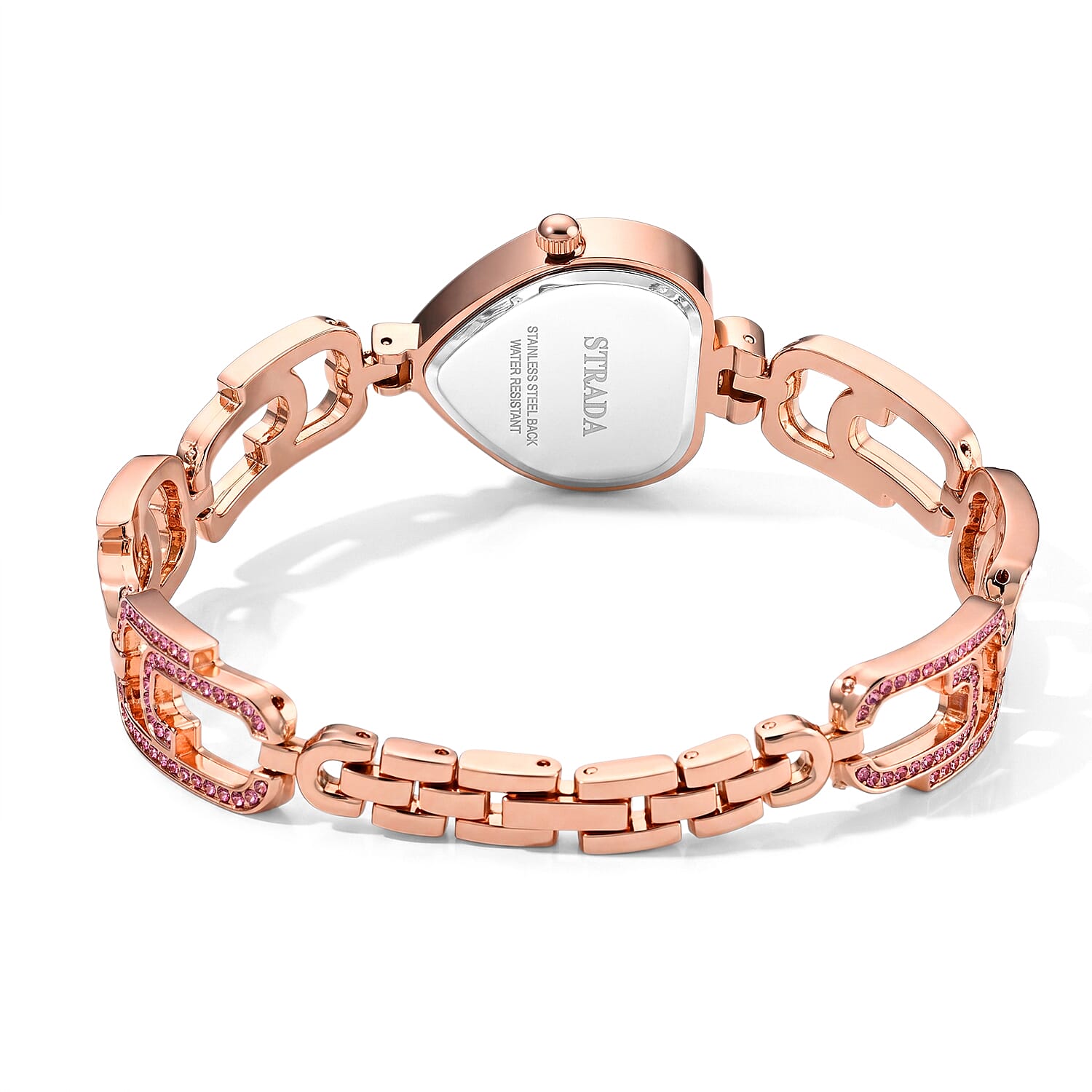 Strada Pink Austrian Crystal Japanese Movement Paperclip Bracelet Watch in Rosetone (7.5-8.5In)