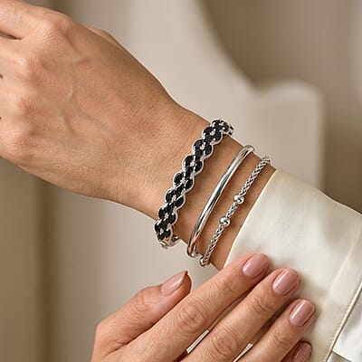 EverTrue Thai Black Spinel and White Zircon 8.50 ctw Bangle Bracelet in Platinum Bond (6.50 In)