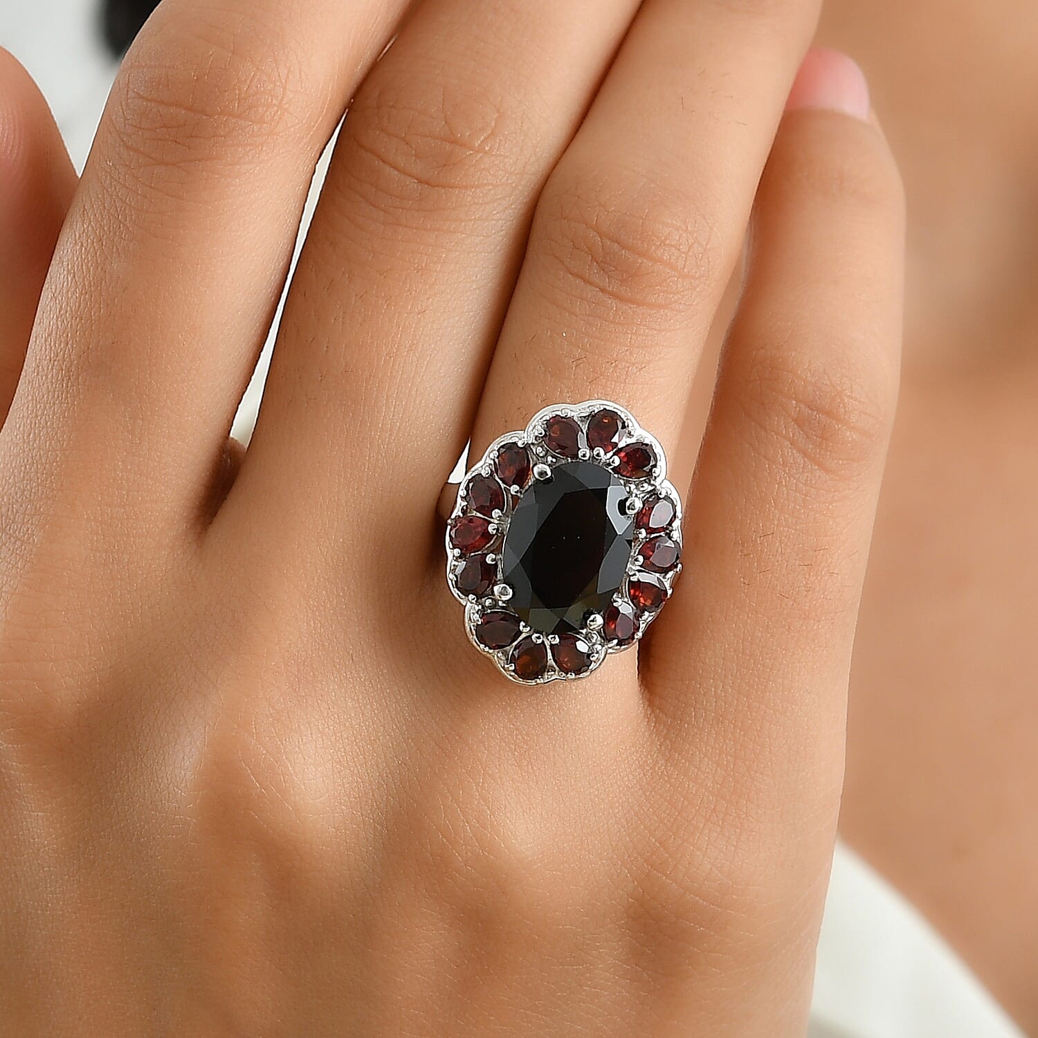 EverTrue Thai Black Spinel and Mozambique Garnet 10.35 ctw Midnight Ember Ring in Platinum Bond (Size 6.0)