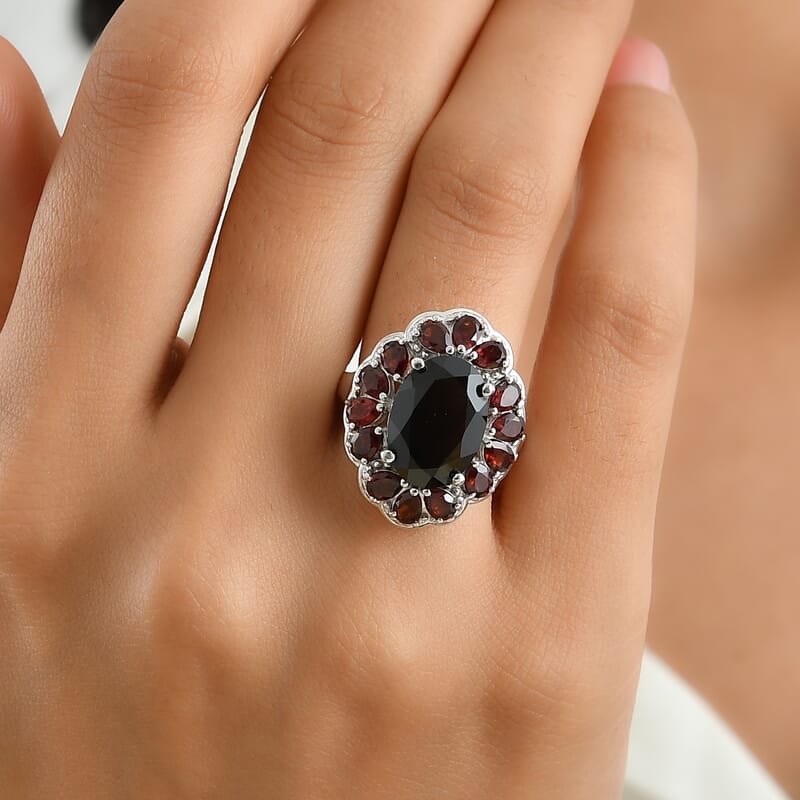 EverTrue Thai Black Spinel and Mozambique Garnet 10.35 ctw Midnight Ember Ring in Platinum Bond (Size 6.0)