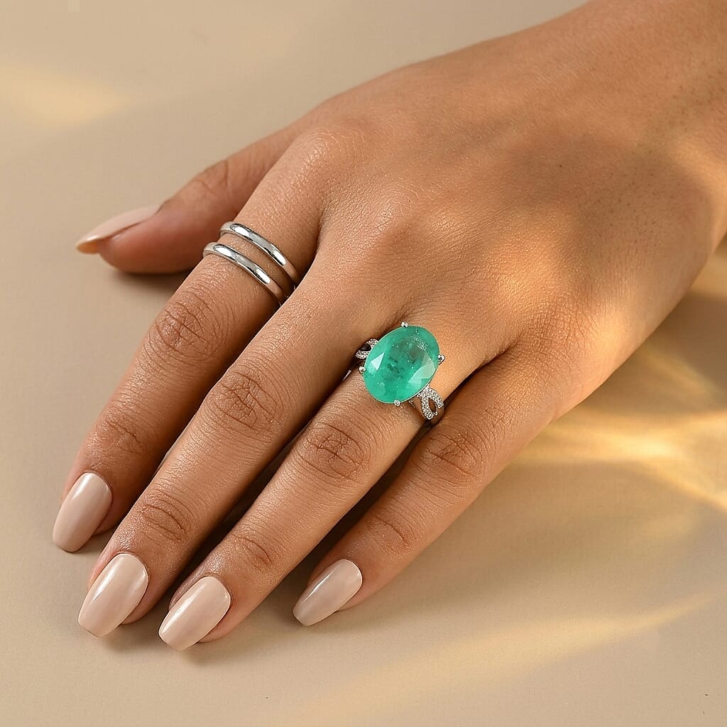 EverTrue Emeraldine Triplet Quartz, White Zircon Ring in Platinum Bond (Size 5.0) 9.85 ctw