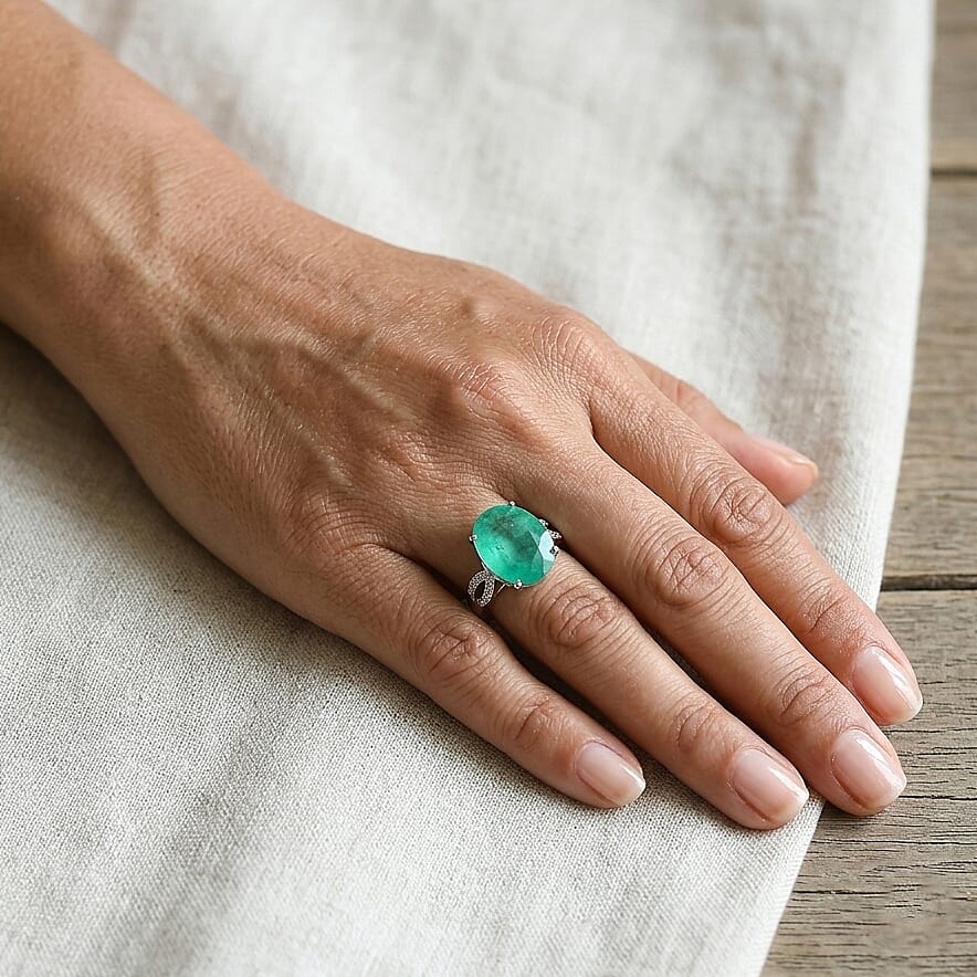 EverTrue Emeraldine Quartz (Triplet) and White Zircon 9.85 ctw Emerald Embrace Ring in Platinum Bond (Size 6.0)
