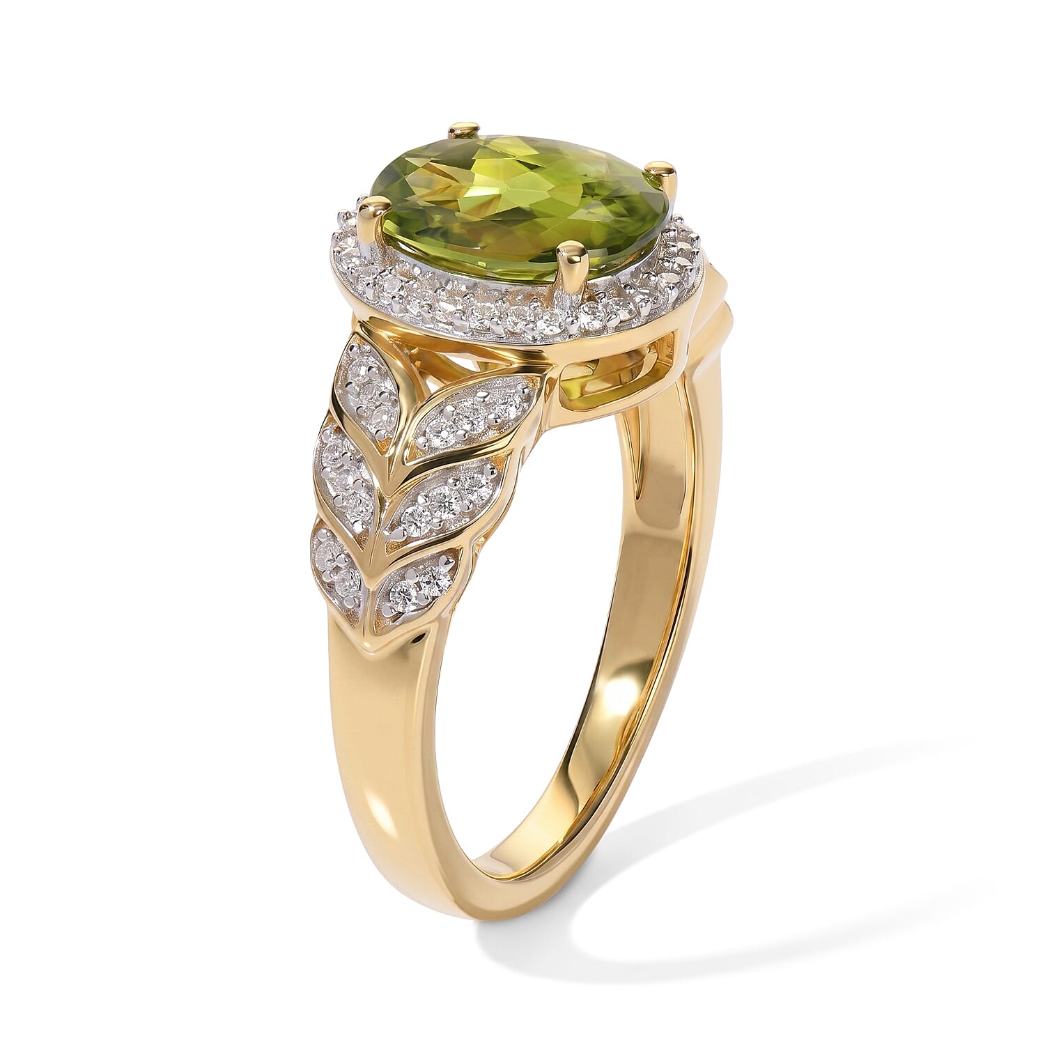 D'Joy Hebei Peridot and Moissanite 2.30 ctw Whispering Leaves Ring in 18K Vermeil Yellow Gold Over Sterling Silver (Size 6.0)