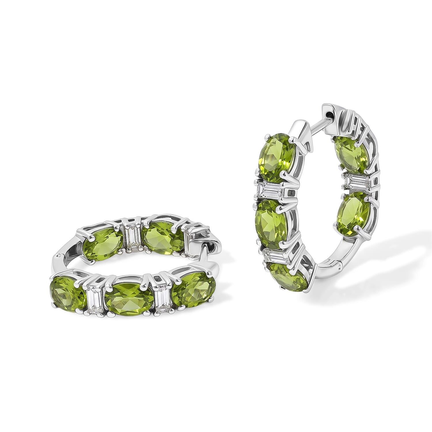 D'Joy Premium Hebei Peridot and Moissanite 9.00 ctw Hoop Earrings in Rhodium Over Sterling Silver