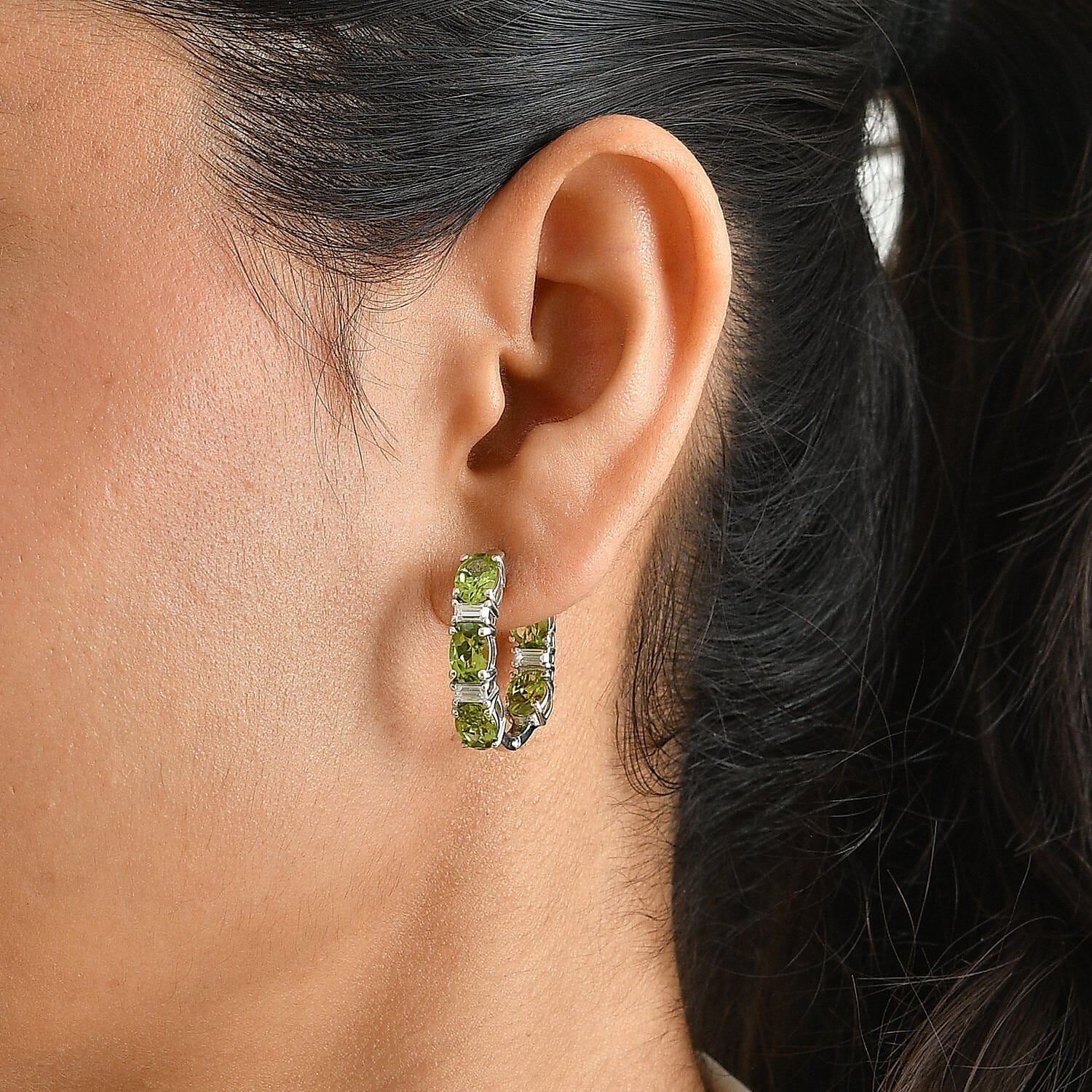 D'Joy Premium Hebei Peridot and Moissanite 9.00 ctw Hoop Earrings in Rhodium Over Sterling Silver