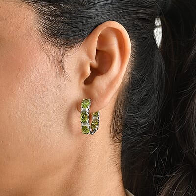 D'Joy Premium Hebei Peridot and Moissanite 9.00 ctw Hoop Earrings in Rhodium Over Sterling Silver