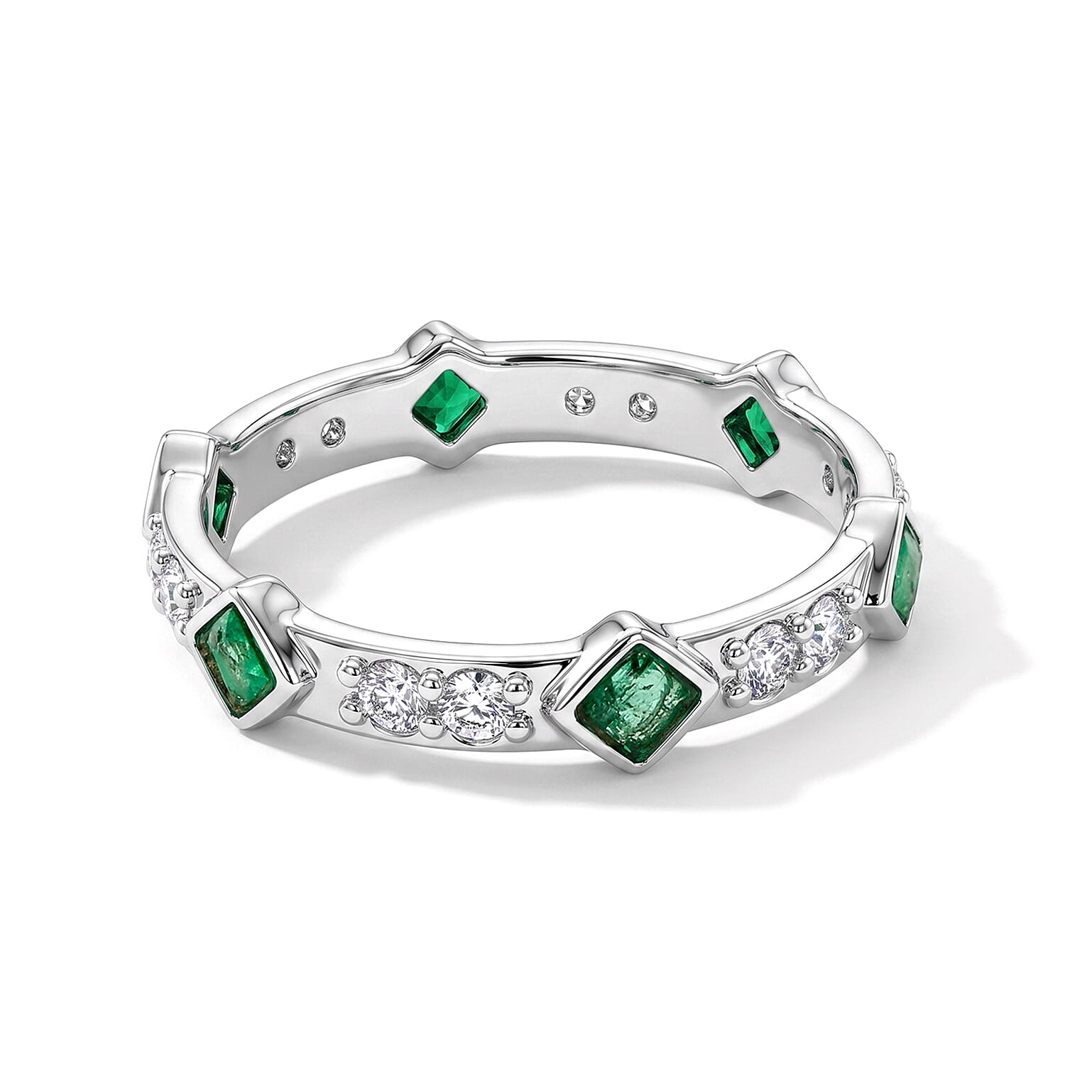 Kagem Zambian Emerald and Simulated Diamond 0.48 ctw Ring in Sterling Silver (Size 5.0)