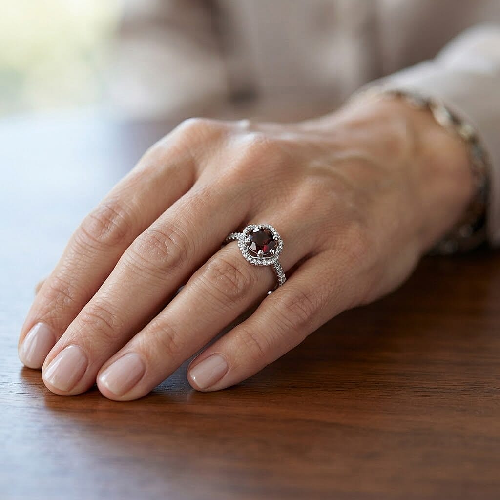 Mozambique Garnet and Simulated Diamond 1.40 ctw Ring in Sterling Silver (Size 7.0)