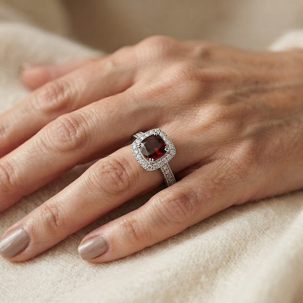 Mozambique Garnet and Simulated Diamond 1.05 ctw Ring in Sterling Silver (Size 7.0)
