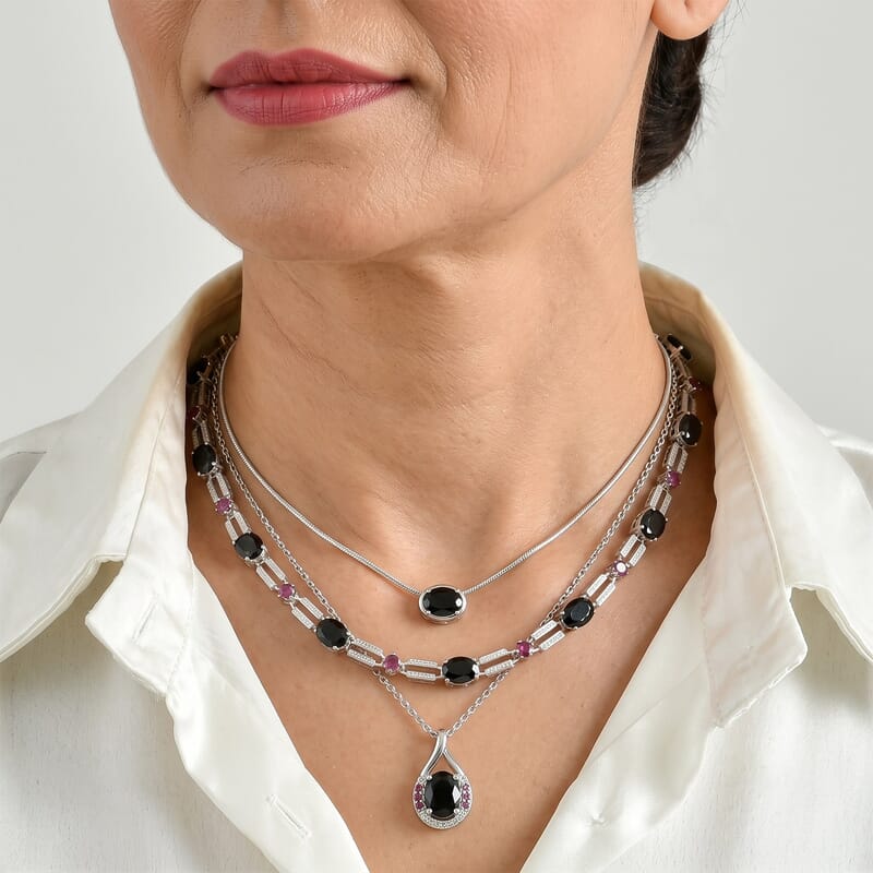 EverTrue Thai Black Spinel and Orissa Rhodolite Garnet 13.15 ctw Noble Bond Necklace (18 Inches) in Platinum Bond